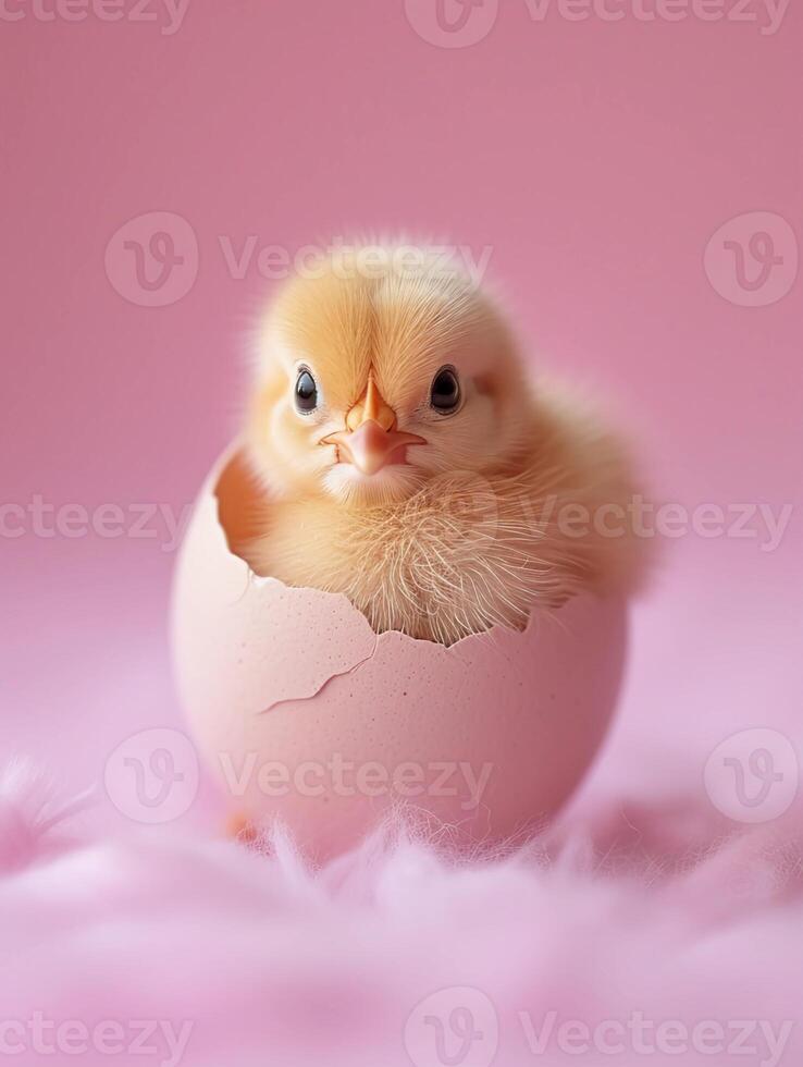 ai generado linda pequeño polluelo sentado en agrietado cáscara de huevo. suave pastel rosado Pascua de Resurrección saludo tarjeta. ai generado foto