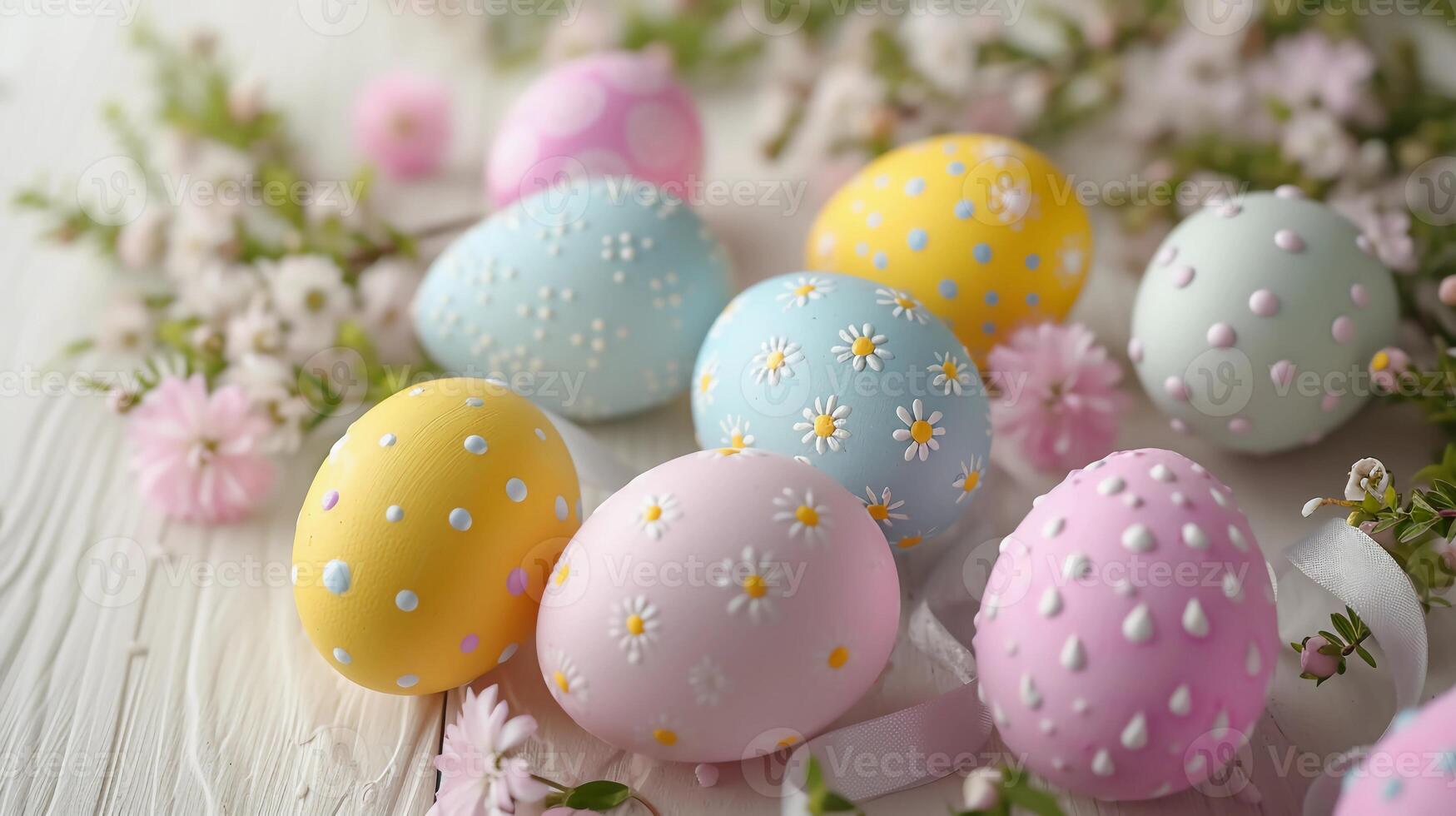 AI generated Easter eggs of pastel colors. Light wooden surface, spring flowers, and satin ribbons. AI Generated photo