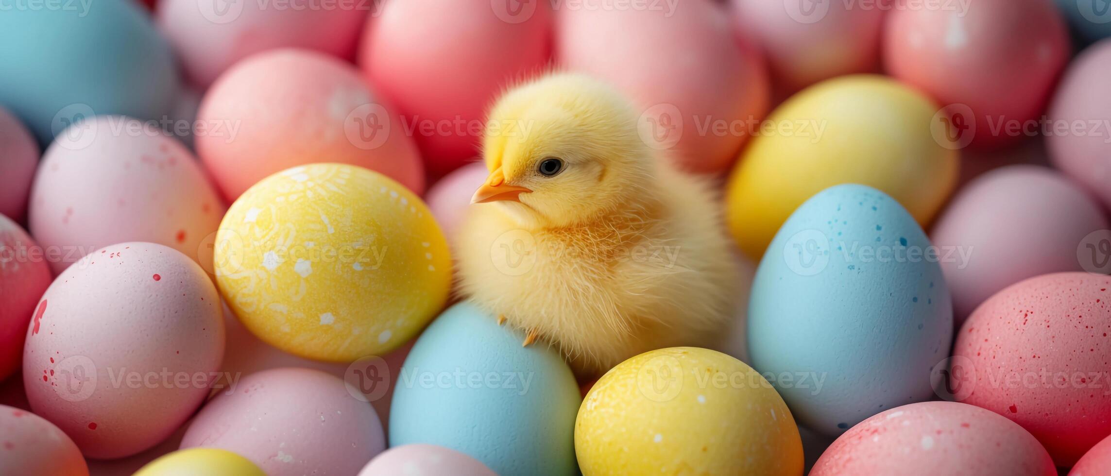 AI generated Yellow chick is surrounded by Easter eggs in soft pastel hues. Banner with copy space. AI Generated photo