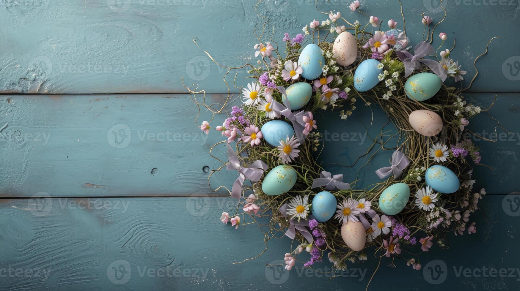 AI generated Easter wreath made of spring flowers, willow twigs, Easter eggs, and ribbons on a wooden surface. Aerial top view, Wide-format eco banner with copy space. AI Generated photo