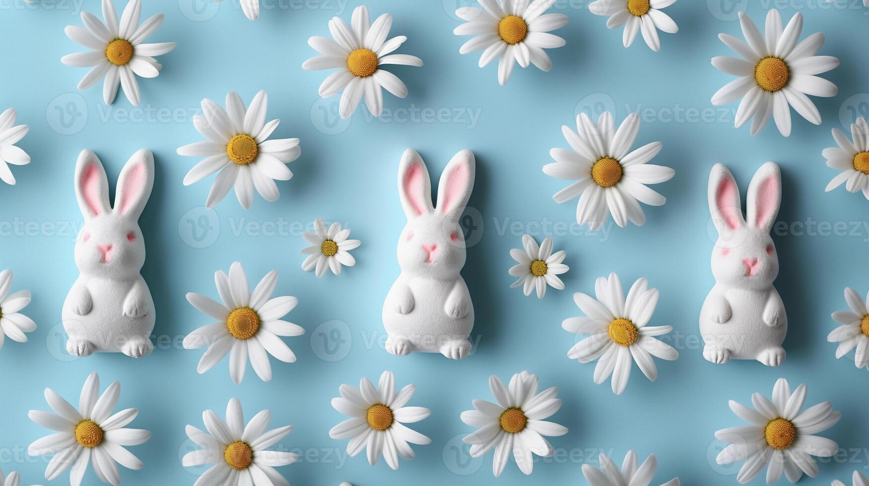 AI generated White Ceramic Bunnies and Chamomile Flowers in Blue Background. Pastel Easter Banner. AI Generated photo