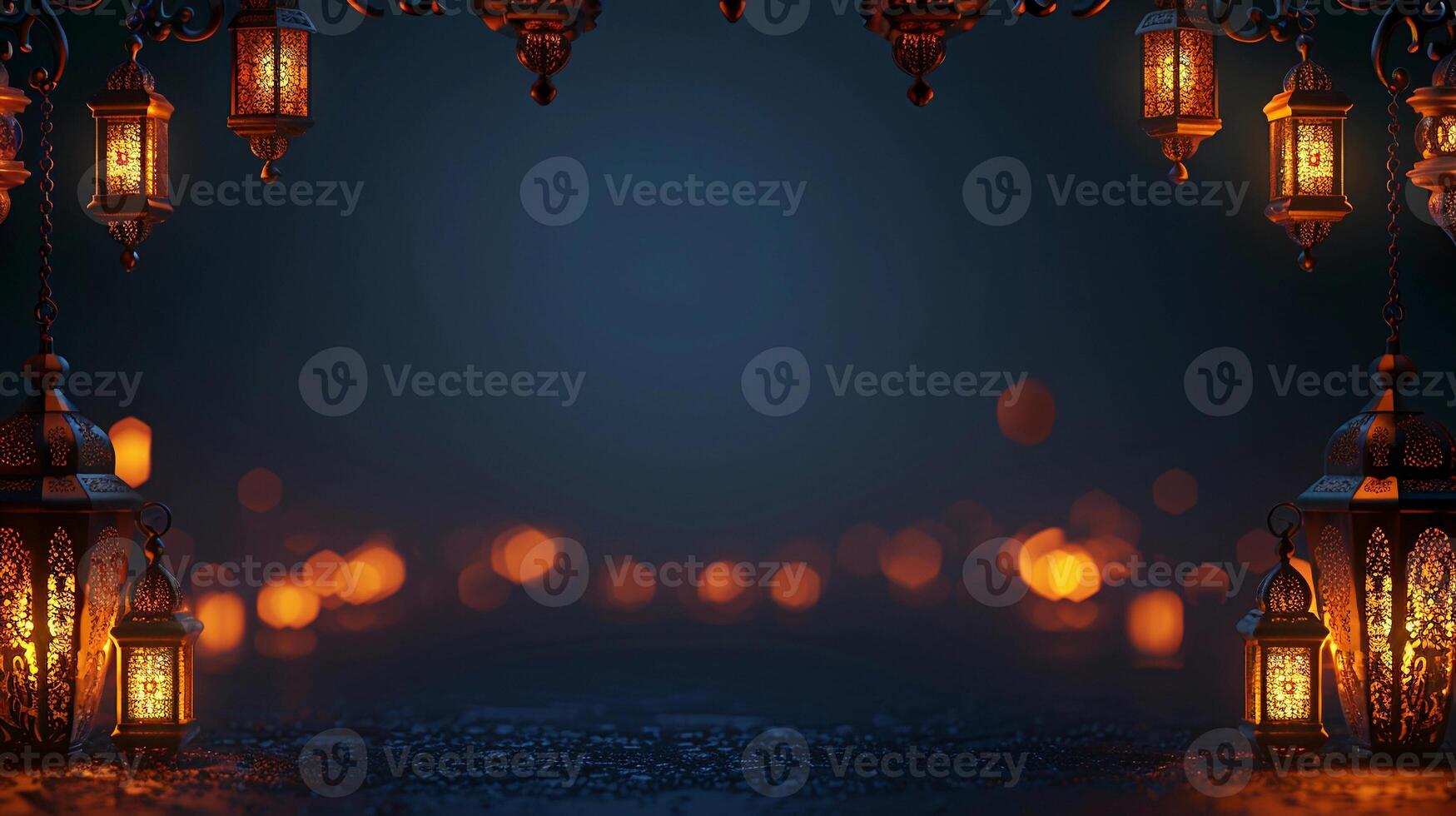 AI generated Abstract background with Eid al-Fitr lanterns on dark backdrop. Banner with copy space. AI Generated photo
