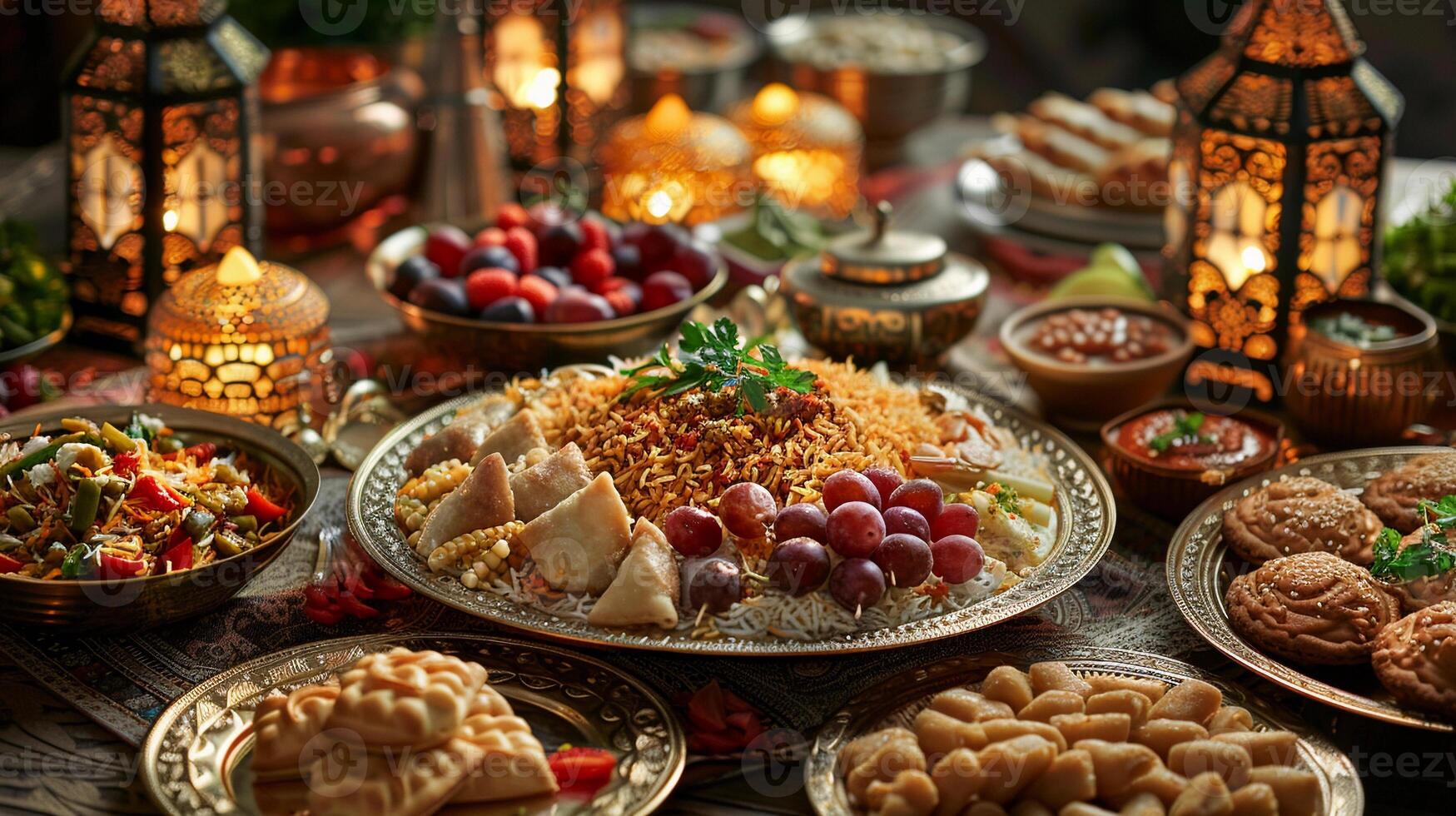 ai generado lujosamente conjunto mesa con tradicional eid al-fitr platos. biryani, maamoul, escarpado khurma. ai generado foto