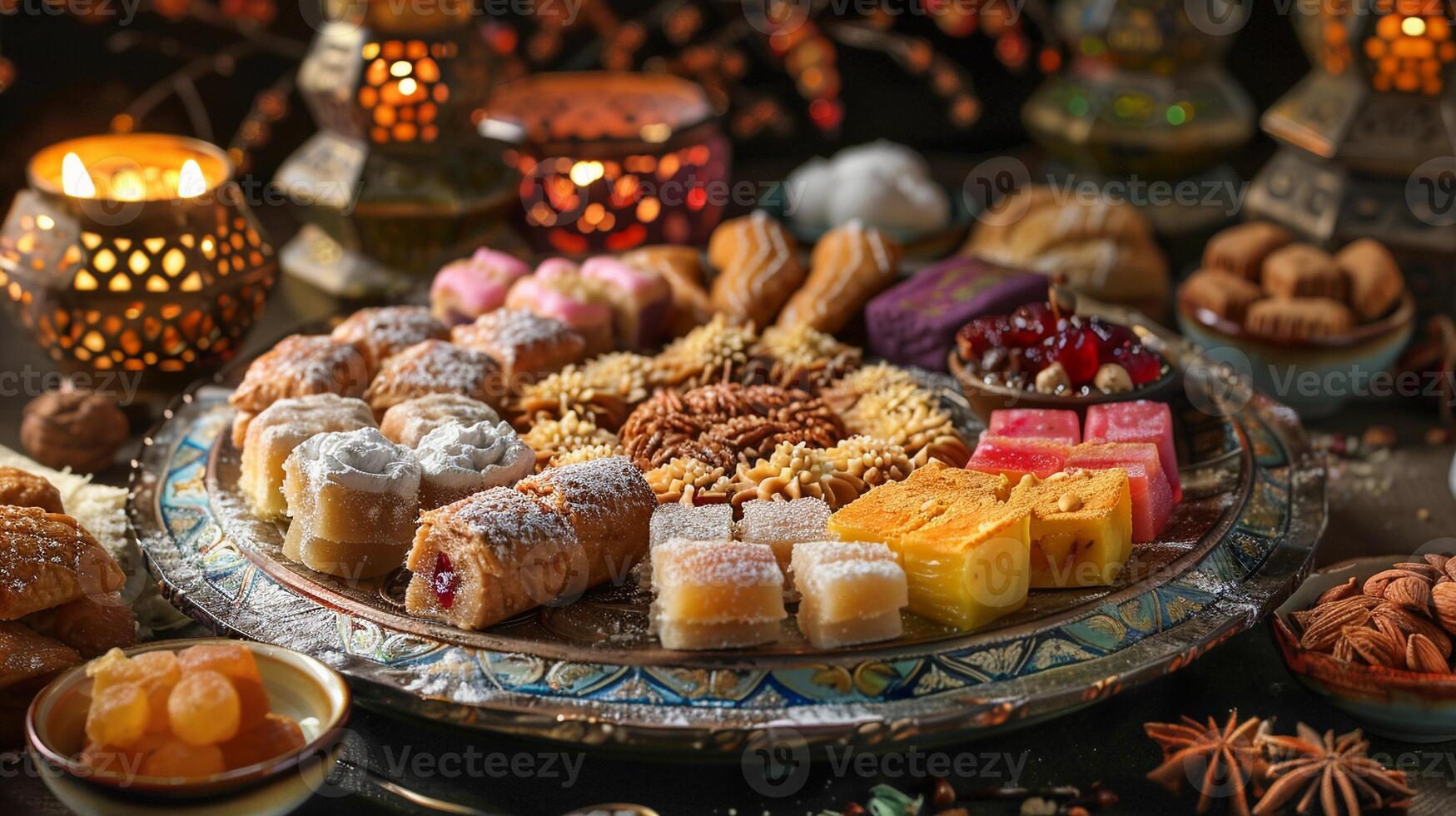 AI generated Plate with Maamoul and Turkish delight. Dried fruits and nuts. Eid al-Fitr sweets. AI Generated photo