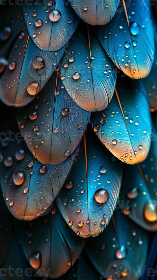 AI generated Extreme Macro shot of Peacock Feathers with Sparkling Water Droplets. Earth Day. AI Generated photo