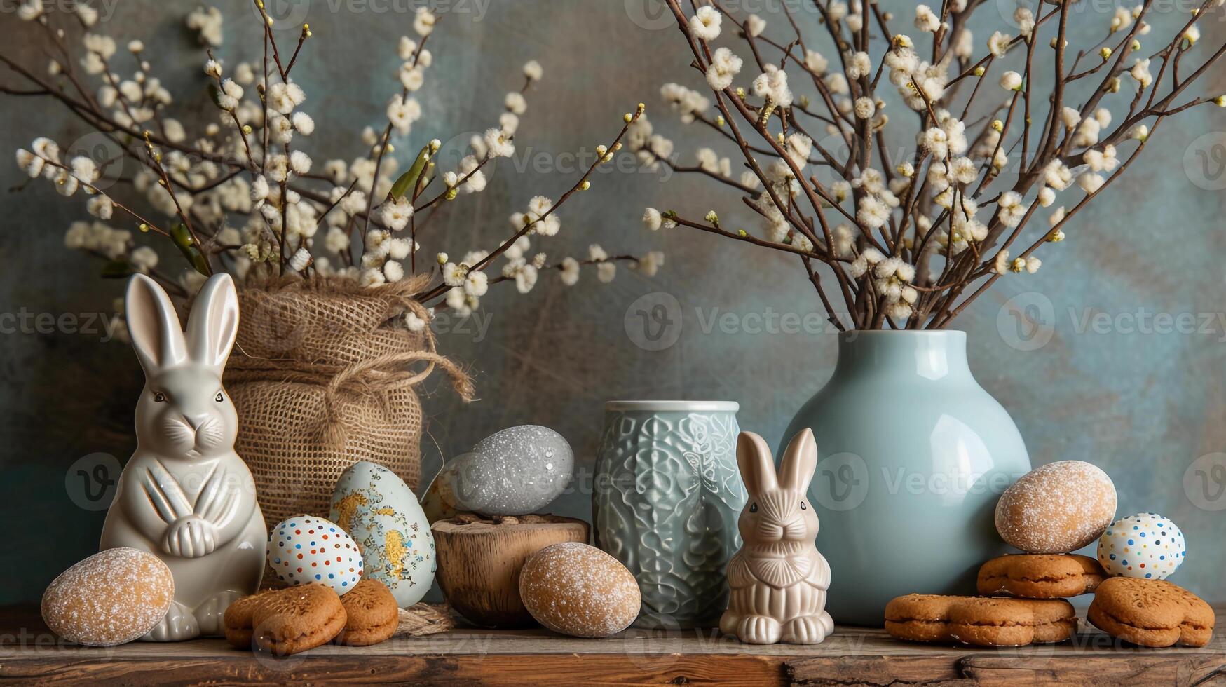 AI generated Easter still life with willow branches, Easter eggs, cookies, and ceramic rabbits. AI Generated photo