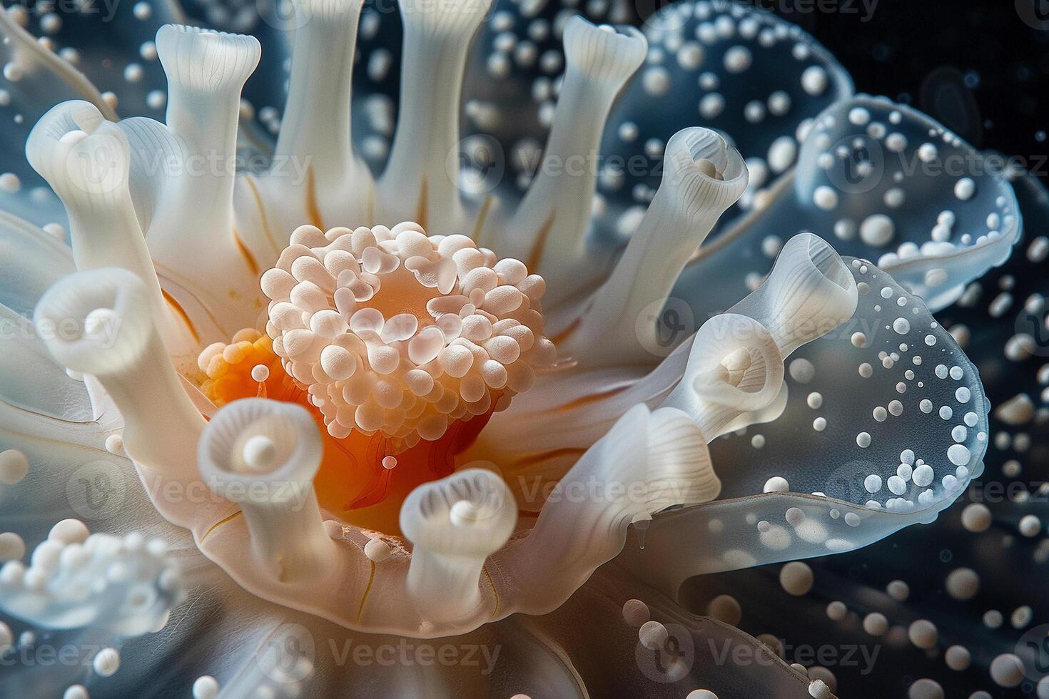 AI generated Close-Up Translucent Jellyfish. Radiant Orange Core, Graceful Tentacles. Earth Day. AI Generated photo