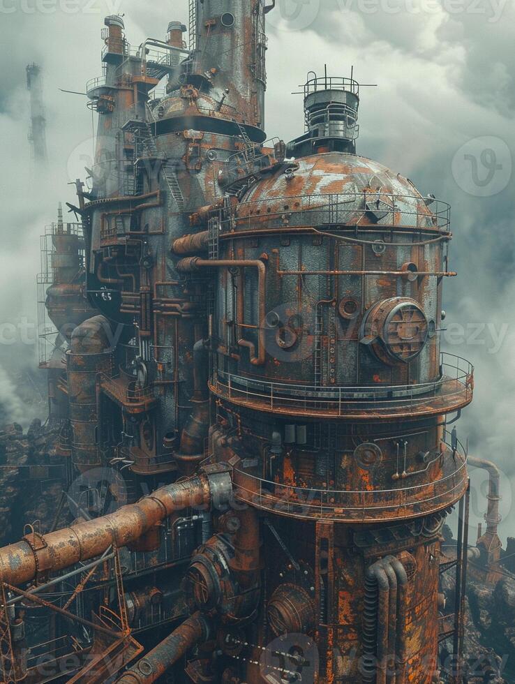 AI generated Steampunk apocalypse. Rebuilding with steam technology, rusted metal structures. AI Generated photo