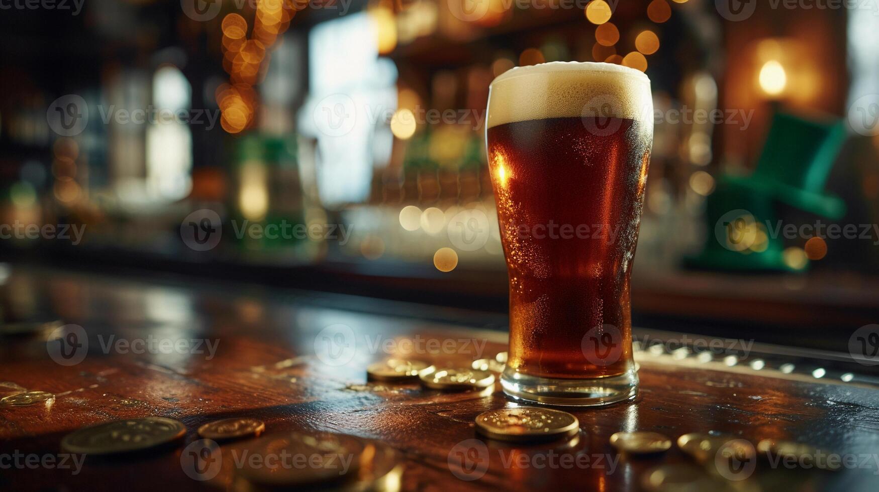 AI generated Dark stout beer in Irish pub with St. Patrick's Day decor, green top hat, gold coins. AI Generated photo