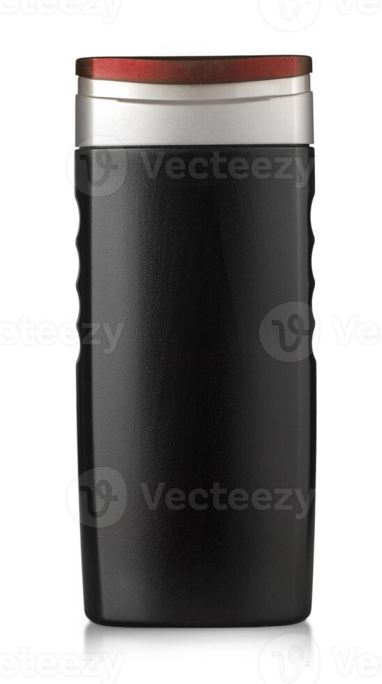 Black shower gel bottle isolated on white background with clipping path photo