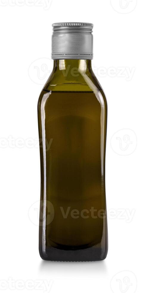 Olive oil bottle with gray cap isolated on white background photo