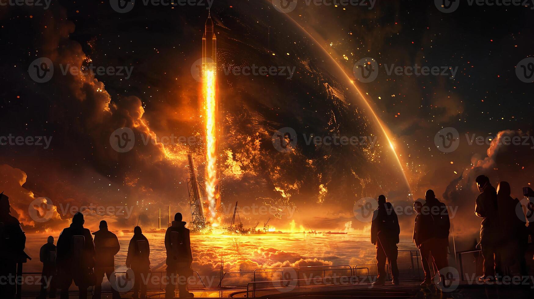 AI generated Spectators Gazing At Rocket Launch. Dreams Of Humanity To Reach Beyond Our Planet. AI Generated photo