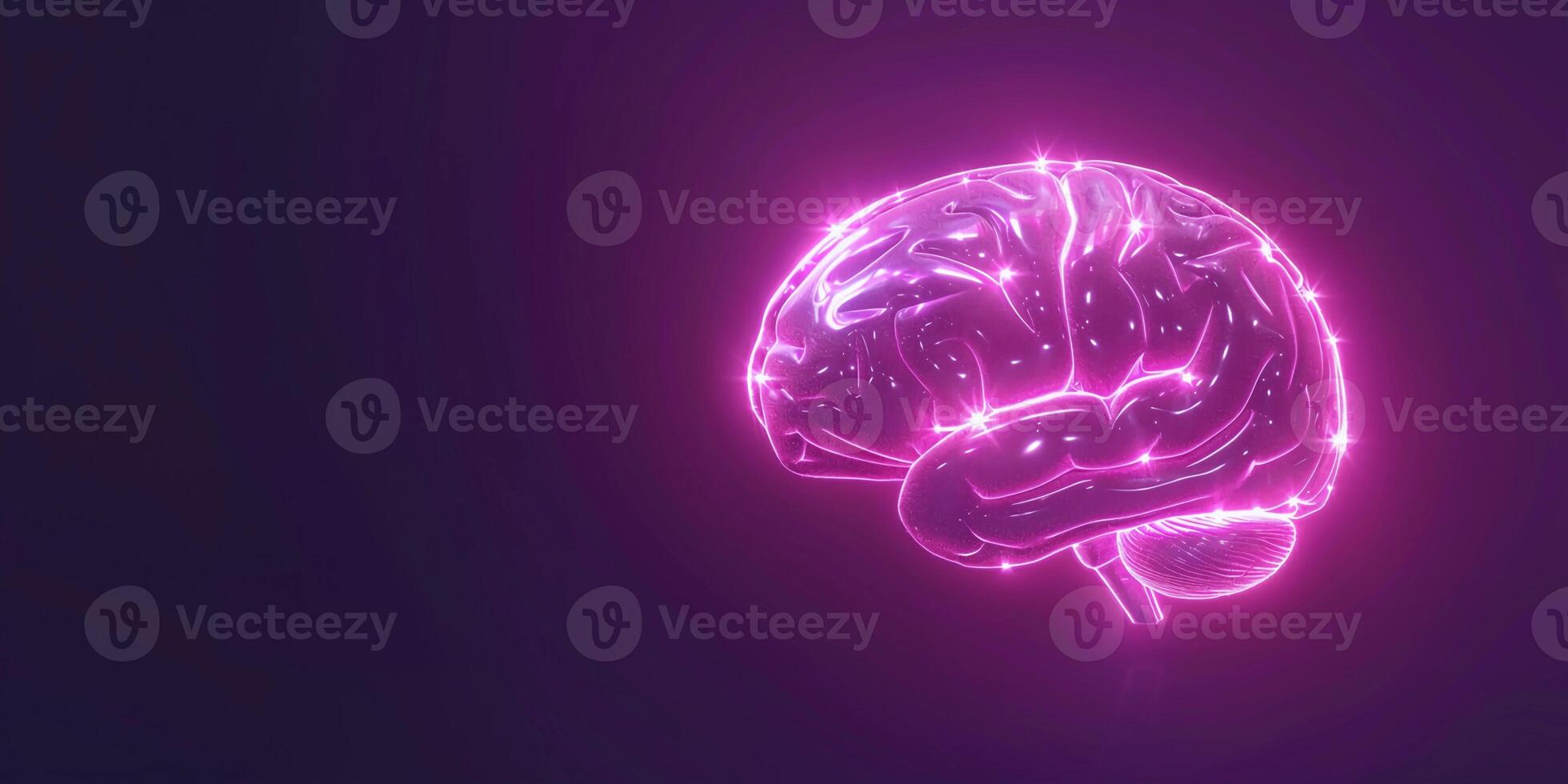 AI generated Pink Neon Glowing Brain. Artificial Intelligence. Wide-format Banner with Copy space. AI Generative photo