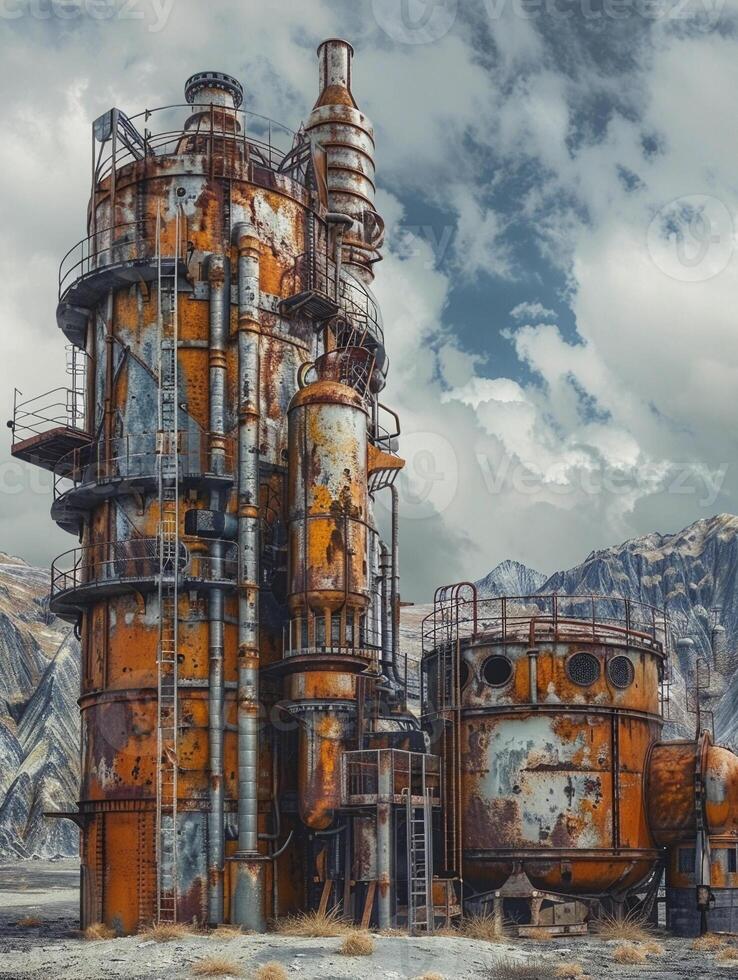 ai generado Steampunk apocalipsis. reconstrucción con vapor tecnología, oxidado metal estructuras ai generado foto