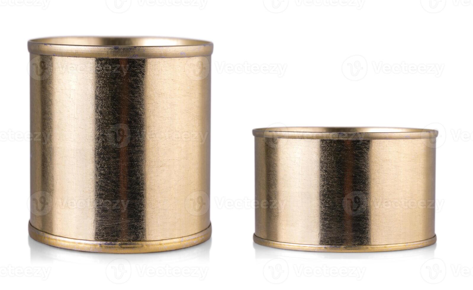 set of golden tin cans on isolated white background photo