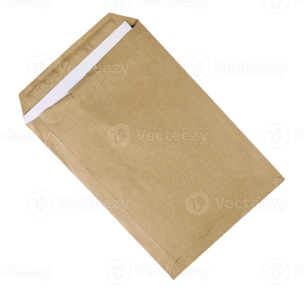 Open used yellow envelope isolated on white background. with clipping path photo