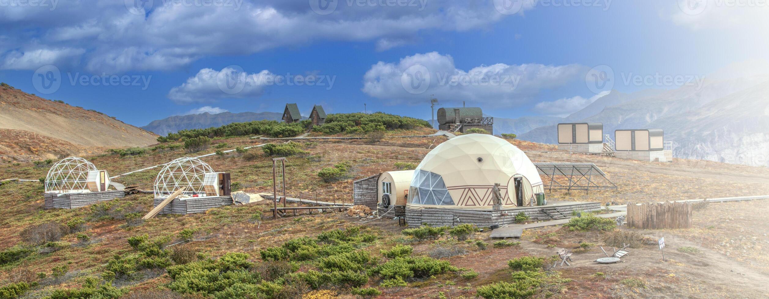 Glamping under construction on a volcano on the Kamchatka Peninsula photo