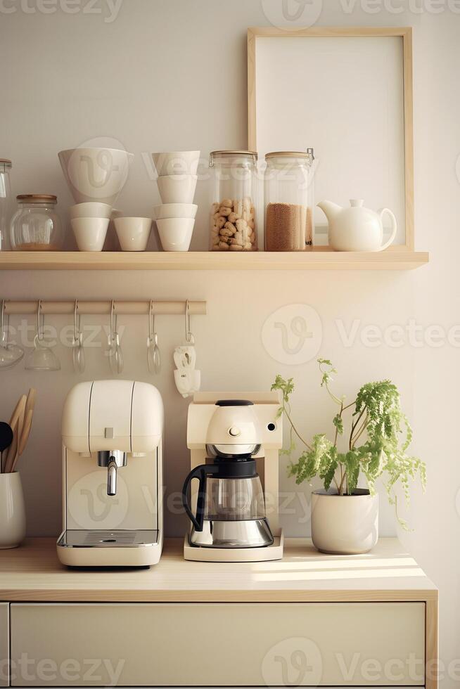 AI generated Home coffee station - coffee machine in a light kitchen. AI generated photo