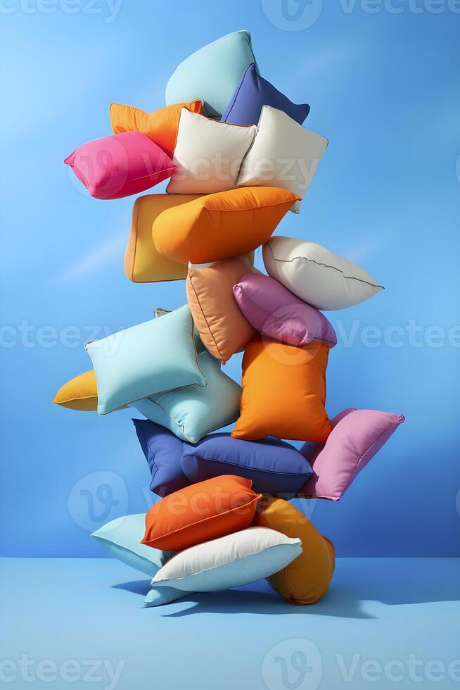 ai generado sano dormir concepto - muchos multicolor almohadas en azul antecedentes. ai generado foto