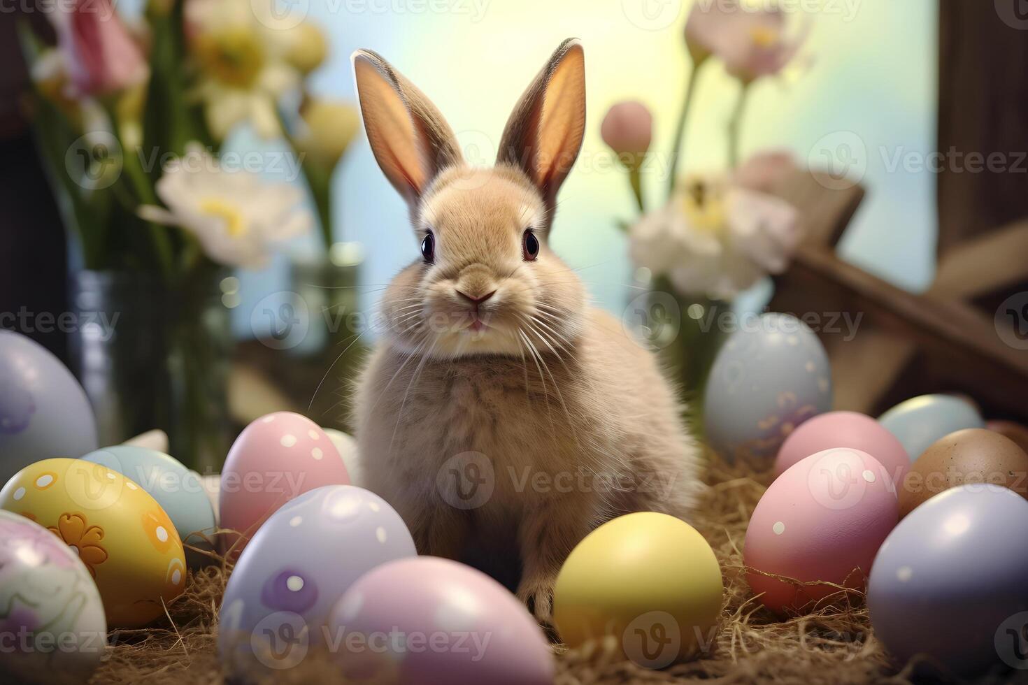 AI generated Cute rabbit with colorful Easter eggs and flowers - spring celebration. AI generated photo