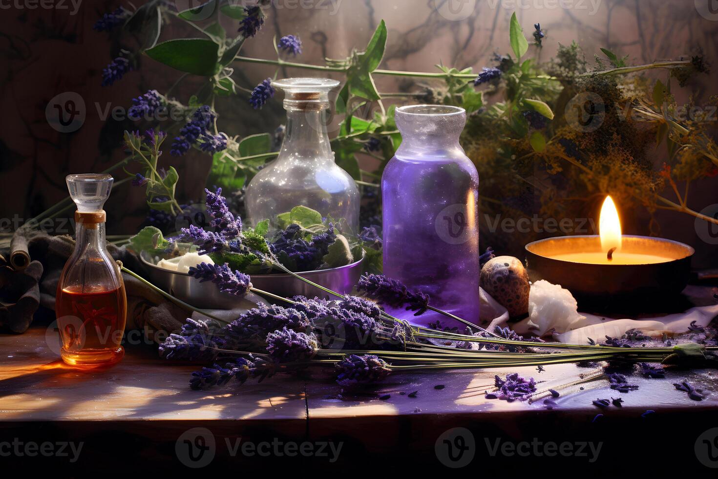 AI generated Aromatherapy concept - lavender, essential oil and scented candle. Self care and wellness. AI generated photo