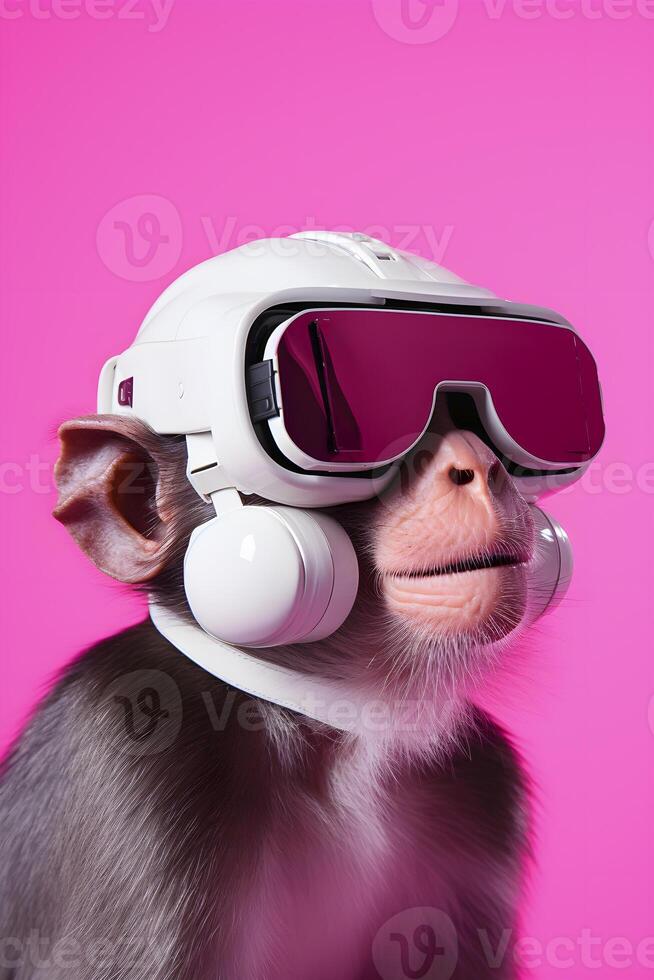 AI generated Futuristic portrait of monkey in virtual reality glasses. AI generated photo