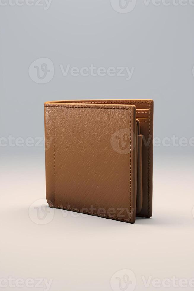 AI generated Brown wallet on a gray background. Concept of financial literacy and savings. AI generated photo