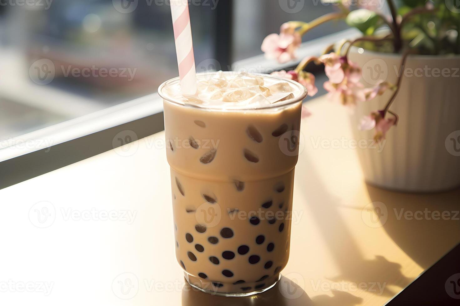 AI generated Bubble milk tea with tapioca pearls in cafe. AI generated photo