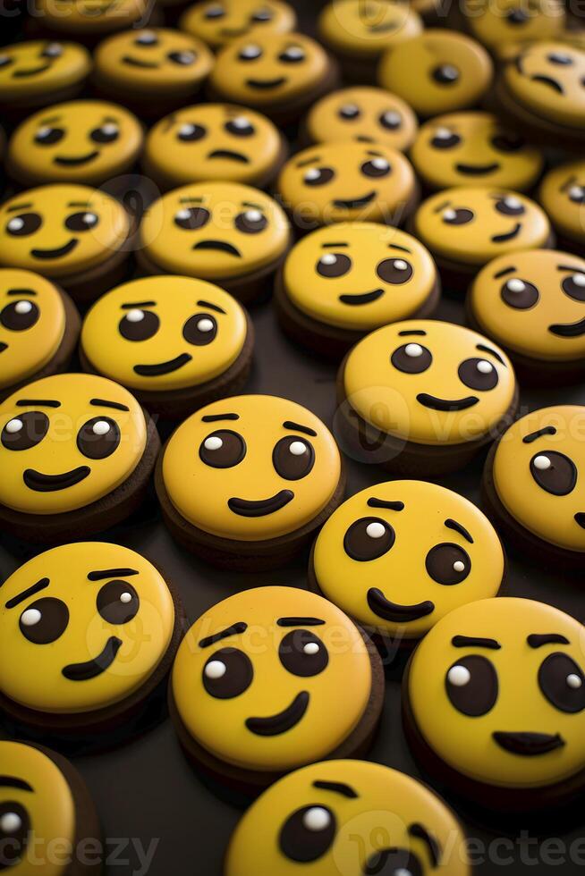 ai generado sonrisa cara galletas modelo en oscuro antecedentes. ai generado foto