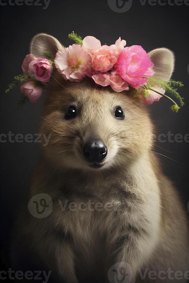 ai generado quokka vistiendo flor corona foto