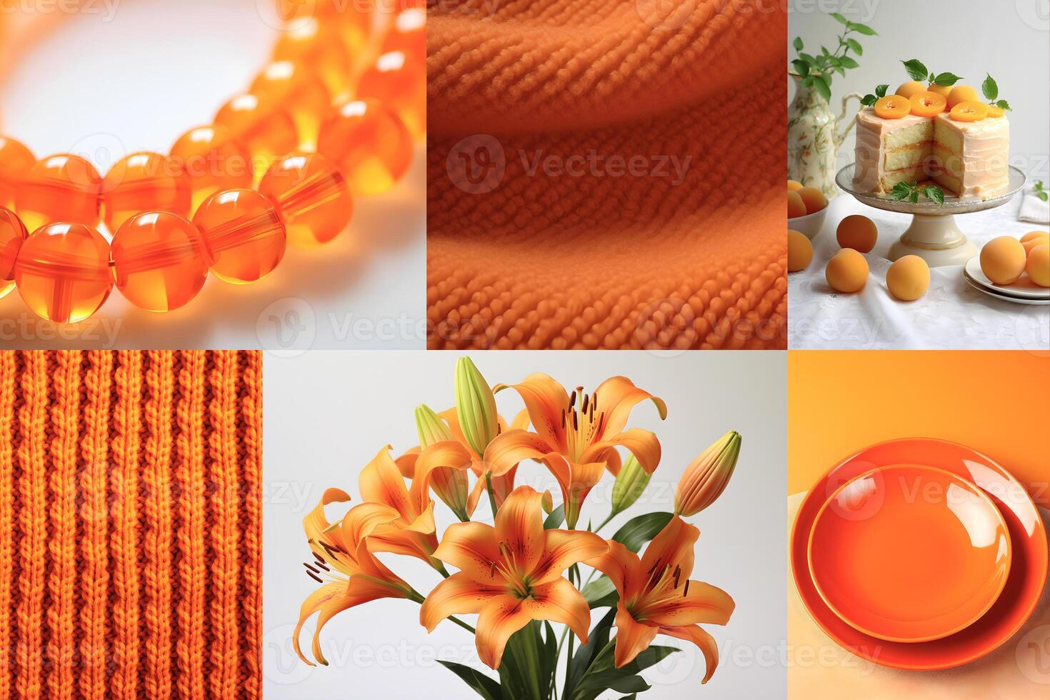 AI generated A vivid display of orange items including beads, cake, fabric, flowers, and pottery. AI generated photo