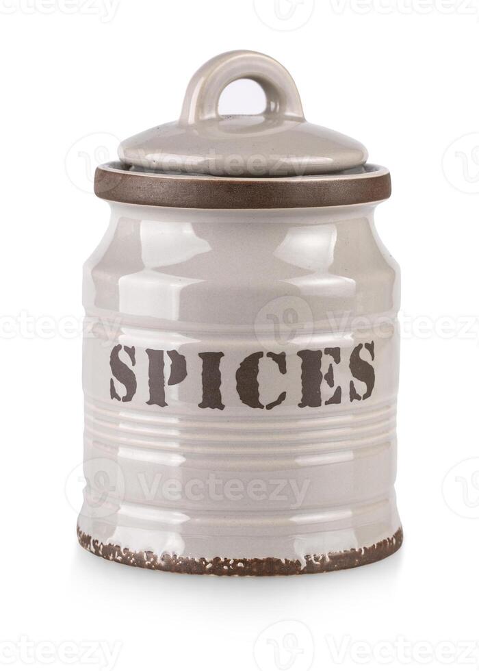 Close up of porcelain spice jar isolated on white background photo