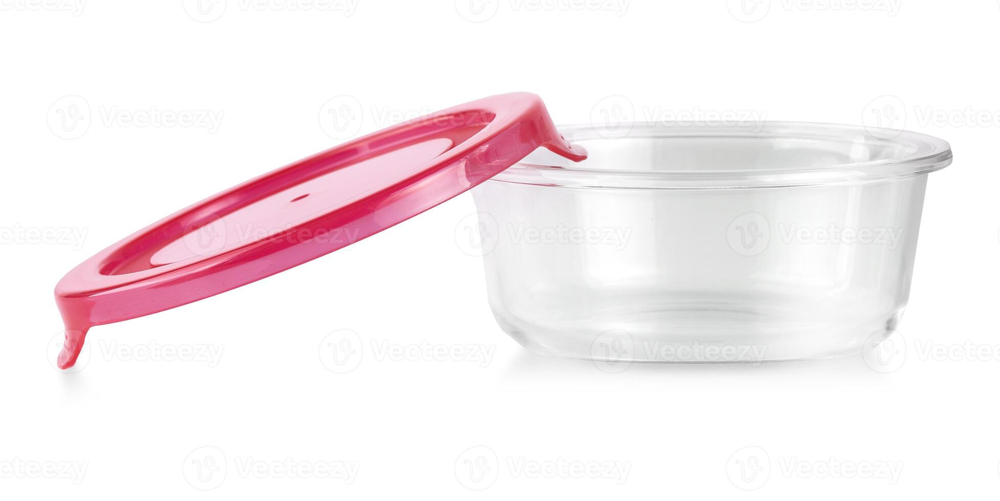 Glass food container with red plastic lid isolated on white photo