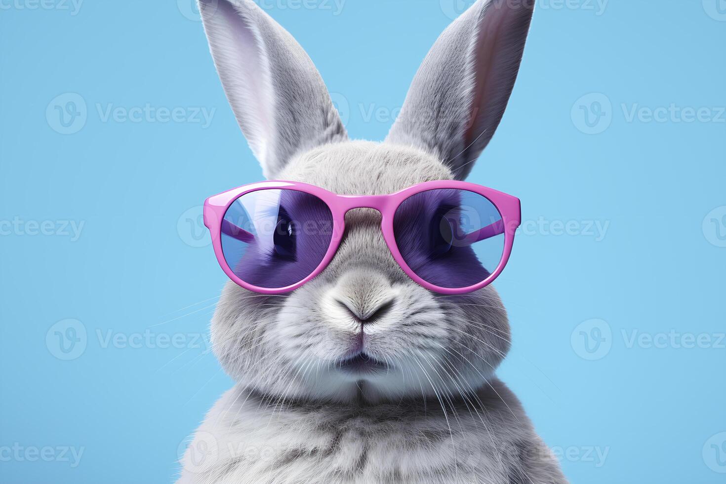 AI generated Portrait of a fashionable rabbit wearing pink sunglasses on blue background. AI generated photo