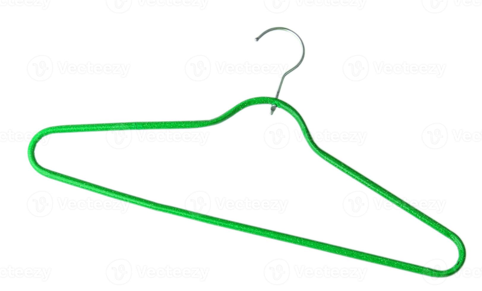Green plastic empty hanger with a hook on a white background photo