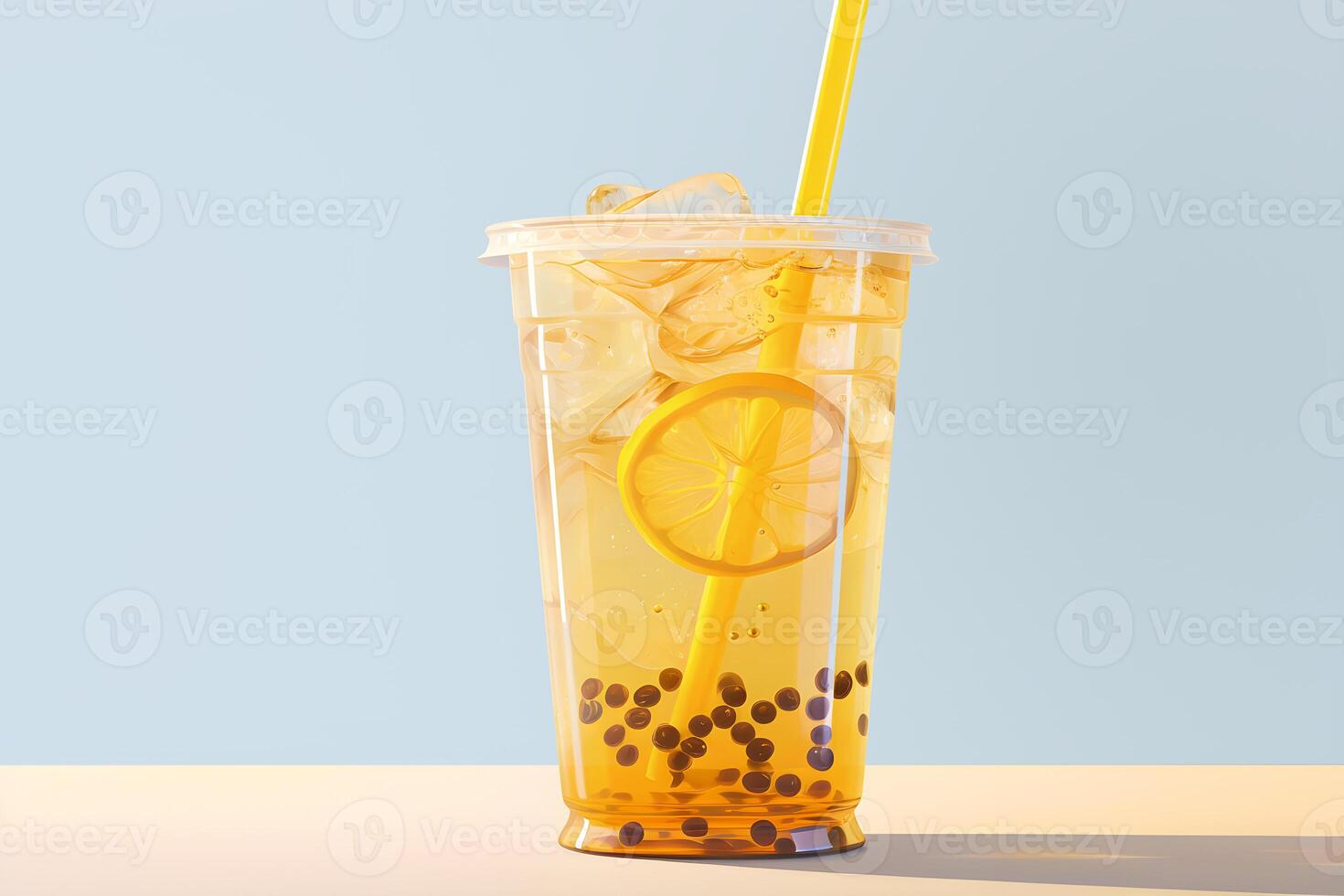 AI generated Cup of bubble tea with lemon and blueberry bubbles. AI generated photo