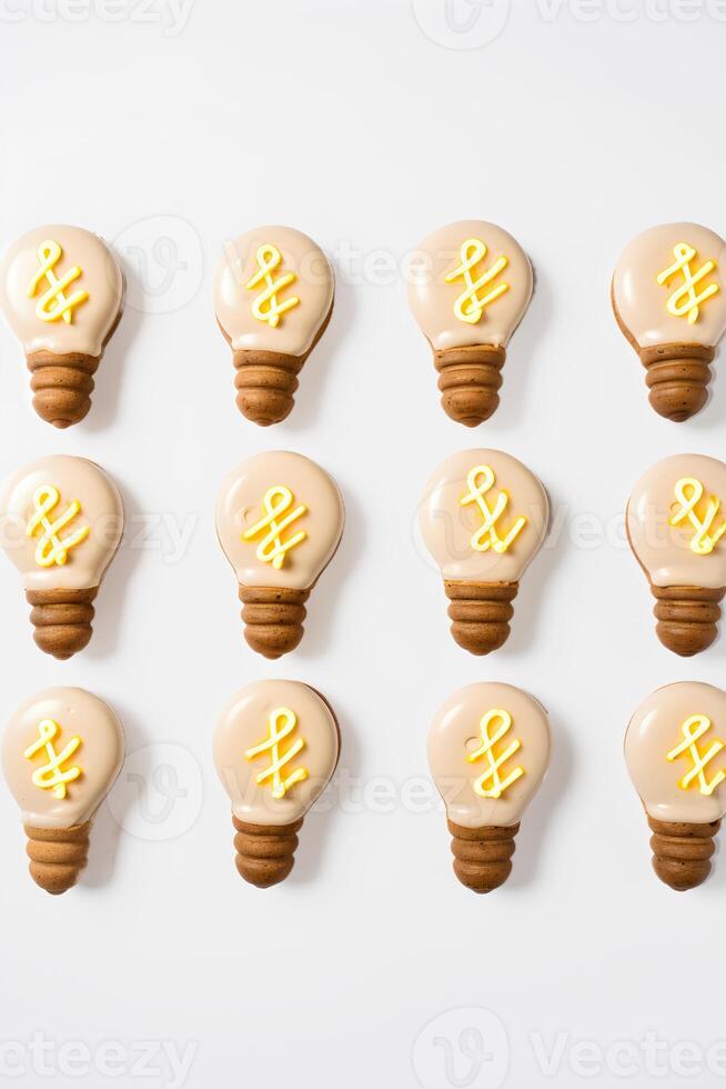 AI generated Creative idea concept. Top view light bulbs cookies on white background. AI generated photo