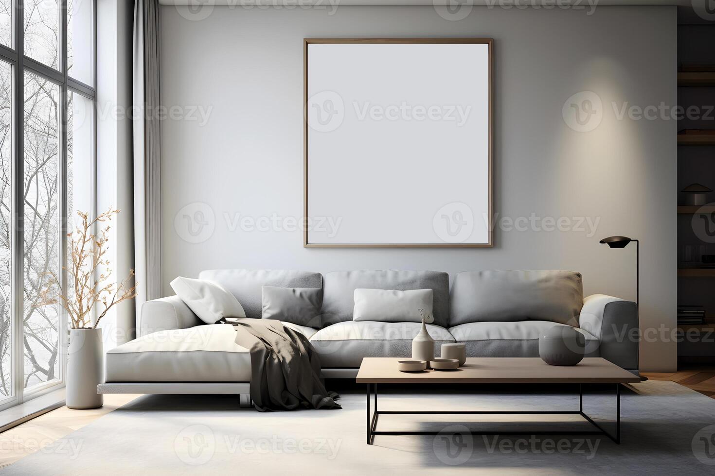 AI generated Frame on the wall mock up. Living room with modern couch. Generative AI photo