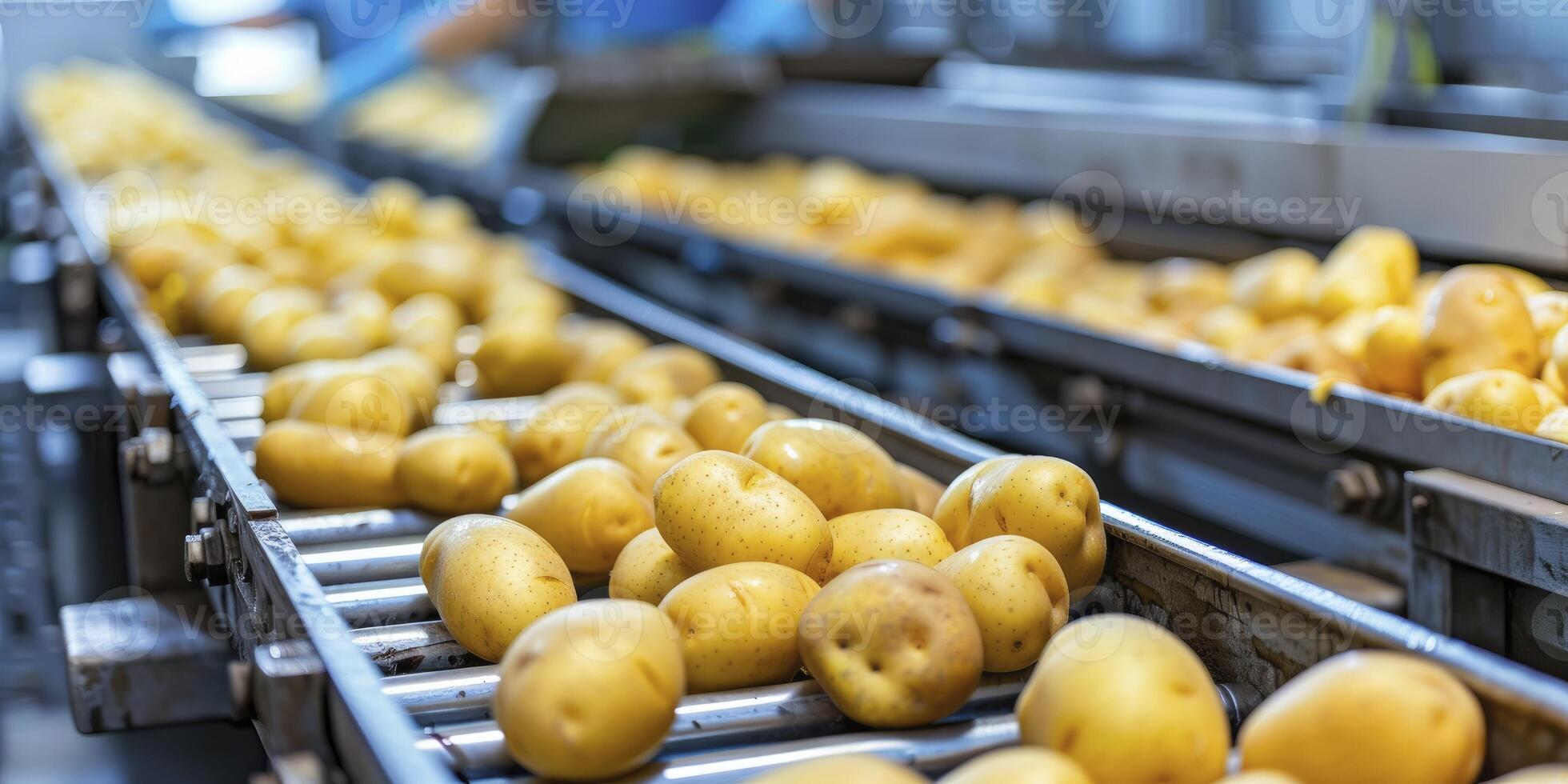 AI generated Close-Up of the Production Workshop at the Japanese Big Potatoes Factory, Fully Automatic Production Lines. photo