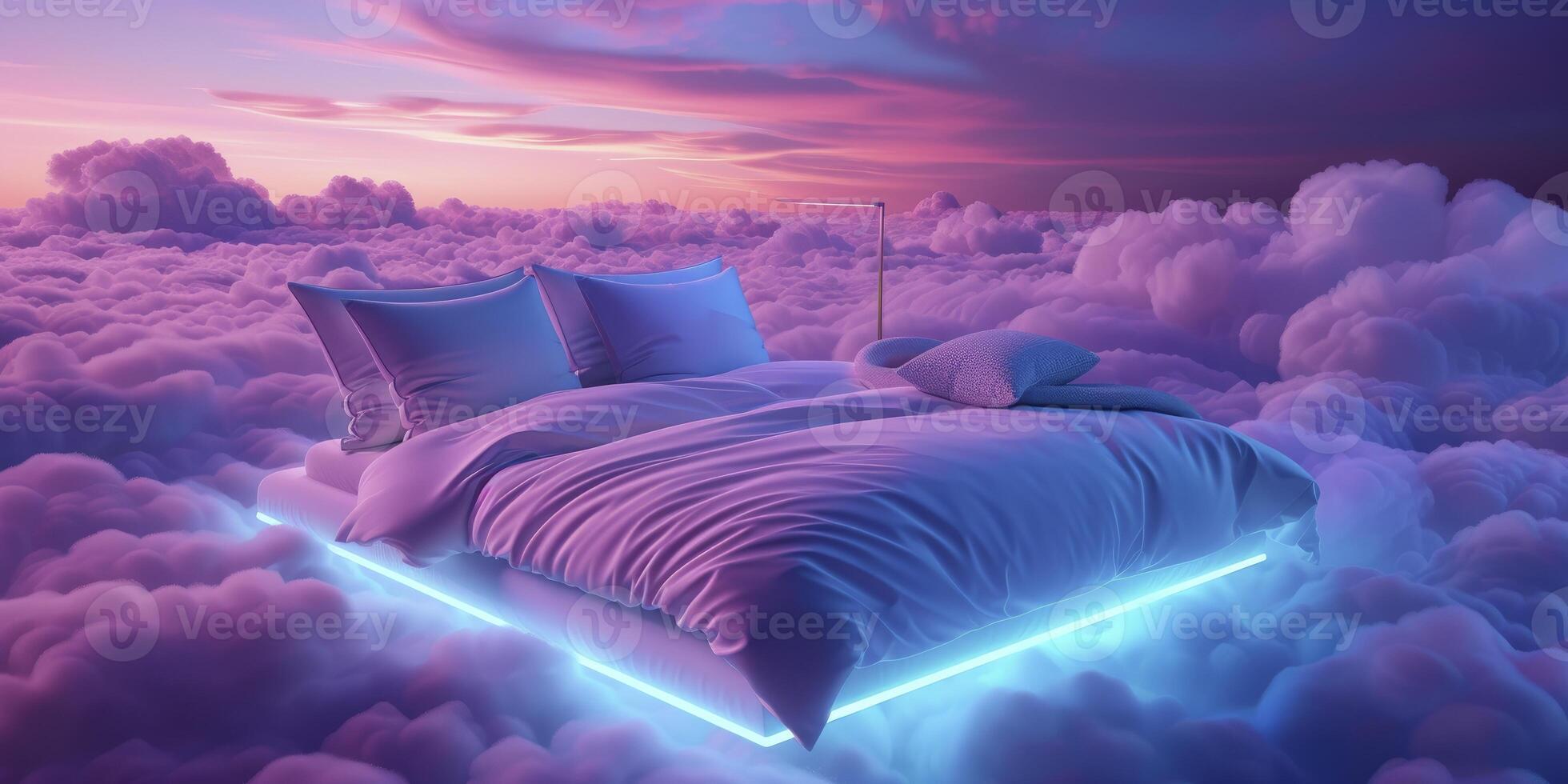 ai generado un cómodo cama flotante en el nubes, iluminado con ligero azul y púrpura neón tintes foto