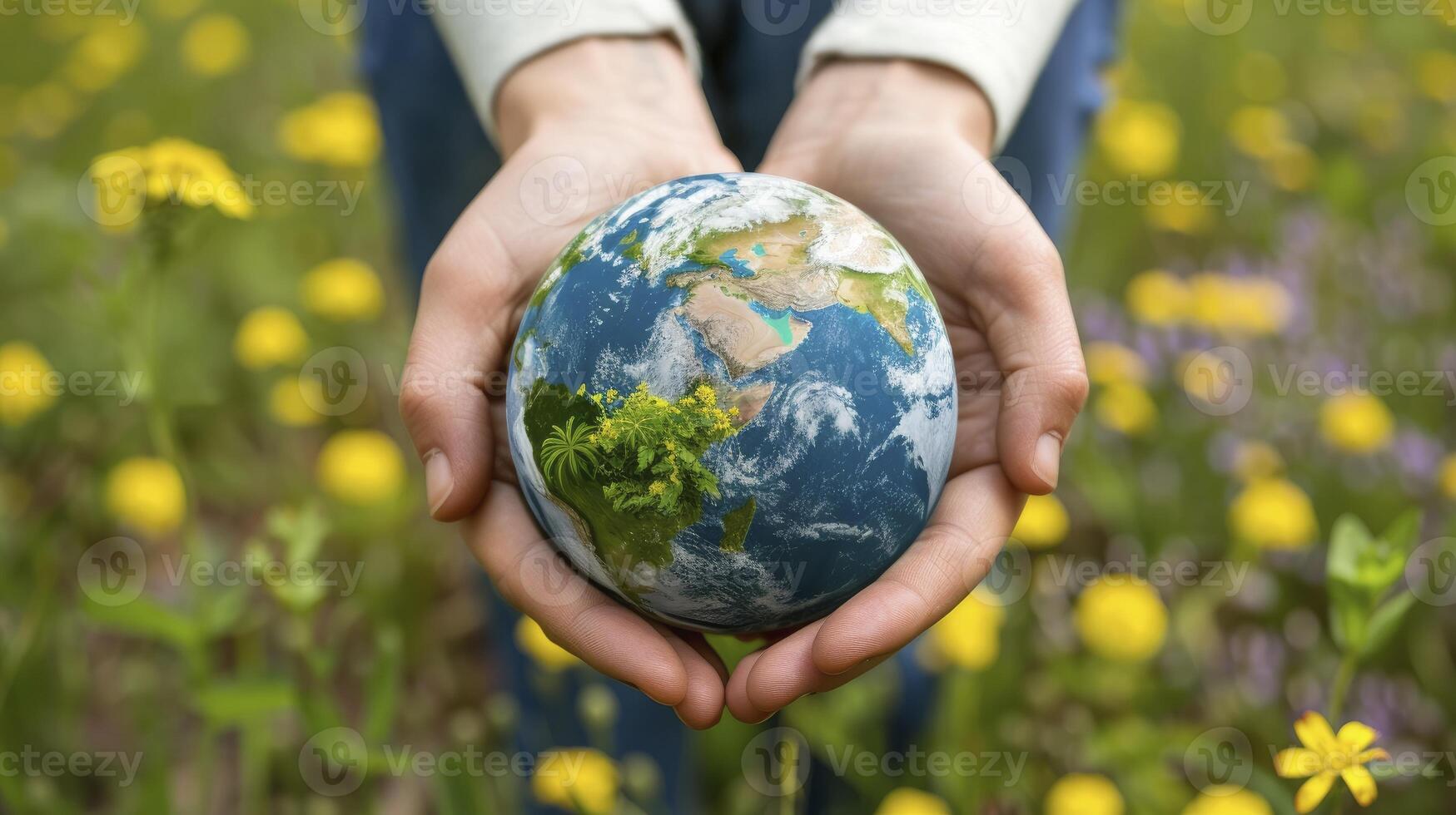 ai generado abrazando nuestra tierra. globo retenida en manos, simbolizando mundo ambiente día y ambiental administración. foto