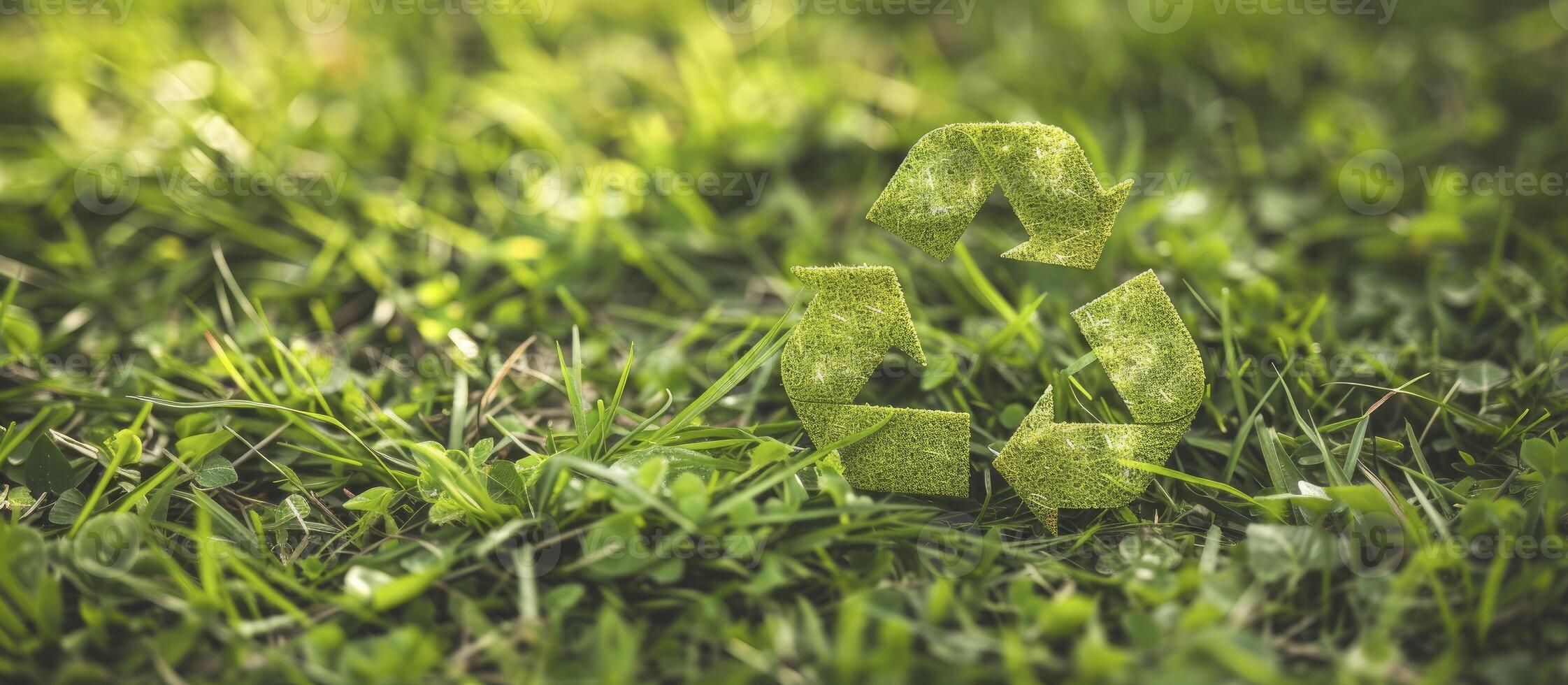 AI generated A Symbol of Sustainability. A Recycling Symbol Nestled in Green Grass. photo