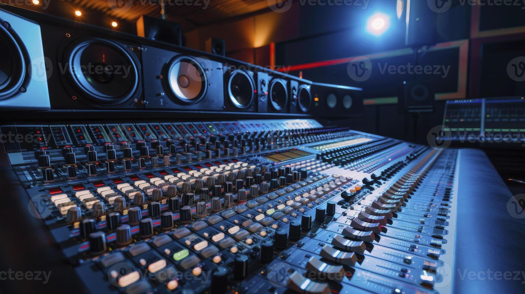 AI generated A recording studio macro view of mixing console photo