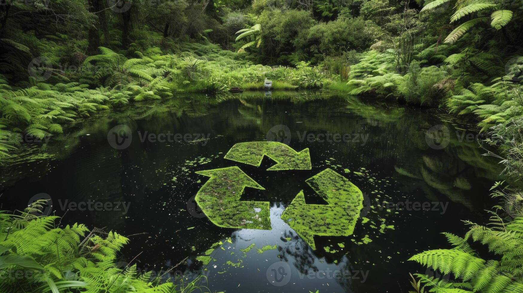 ai generado resumen icono significando el ecológico imperativo a reciclar y reutilizar, ilustrado como un estanque con un reciclaje símbolo en medio de un prístino selva paisaje foto