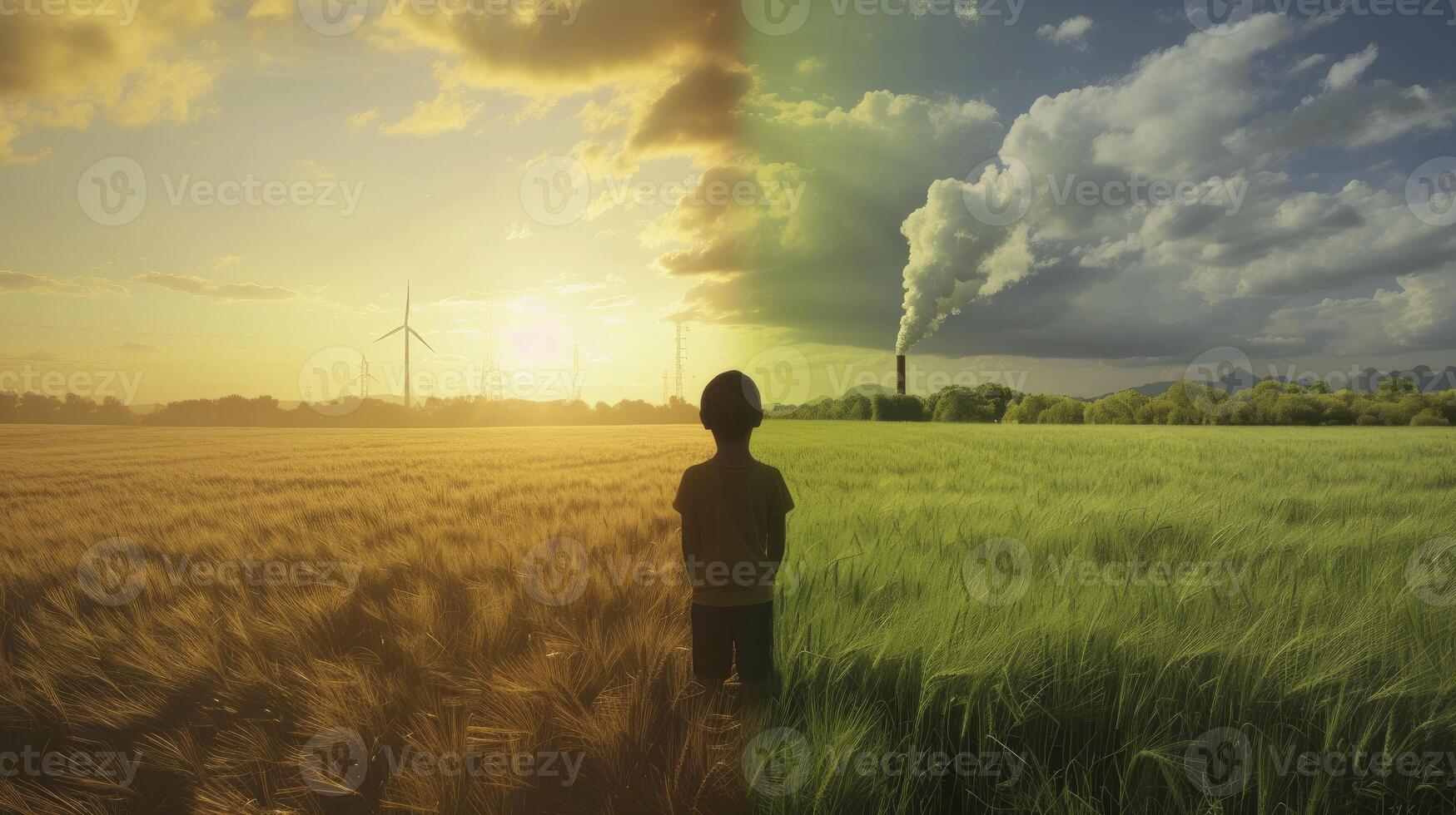 AI generated Climate Change Impact Visualized with a Child Contemplating Future Environmental Challenges, with a Lush Green Field Bathed in Sunshine. photo