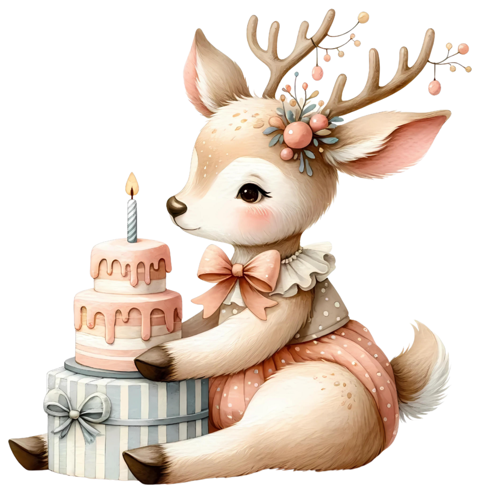 ai généré dessin animé animal aquarelle avec anniversaire gâteau png