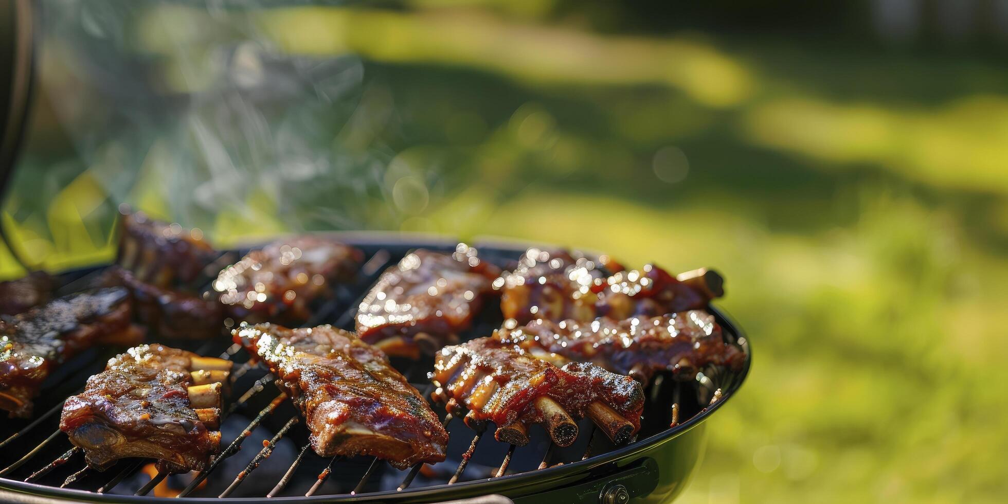 AI generated Sizzling BBQ Ribs, Close-Up of Barbecue Grill with Mouthwatering Ribs, Background Featuring a Blurry Green Lawn. Ample Space for Text on the Side. photo