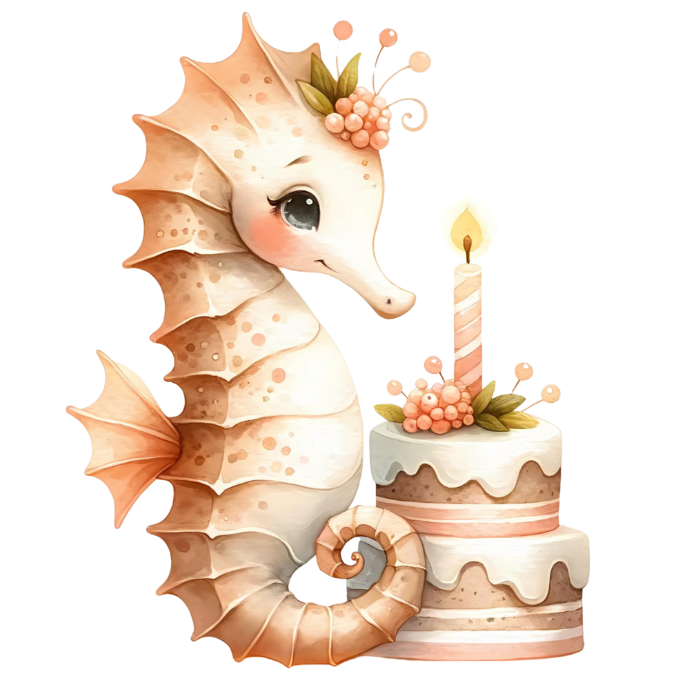 ai généré dessin animé animal aquarelle avec anniversaire gâteau png