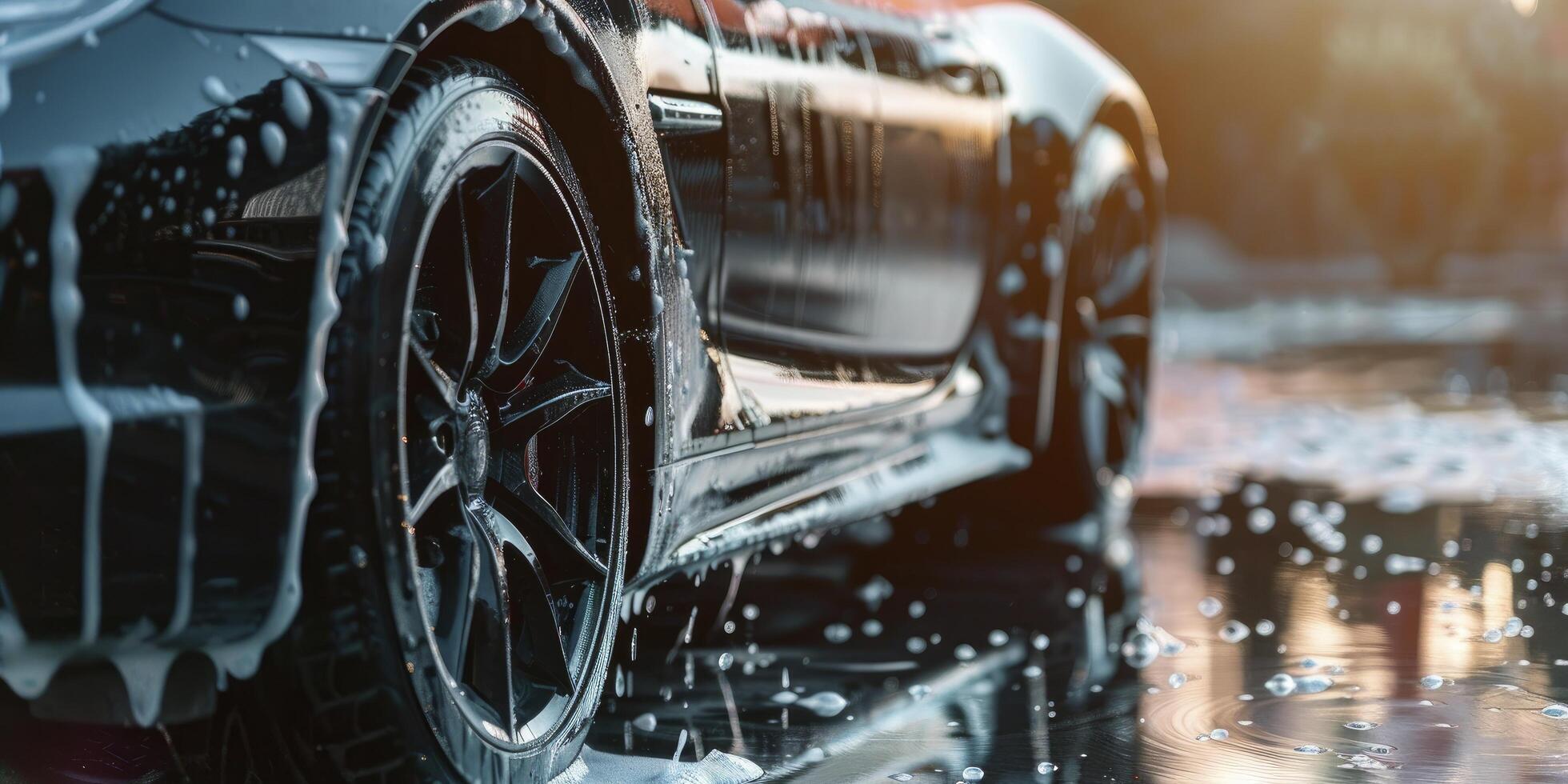 ai generado de cerca de profesional coche lavar, negro Deportes coche siendo lavado con champú para un espumoso limpiar terminar foto