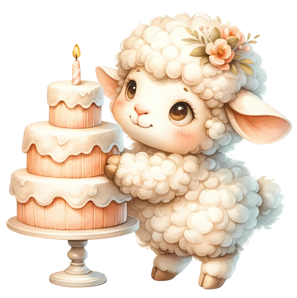 ai generato cartone animato animale acquerello con compleanno torta png
